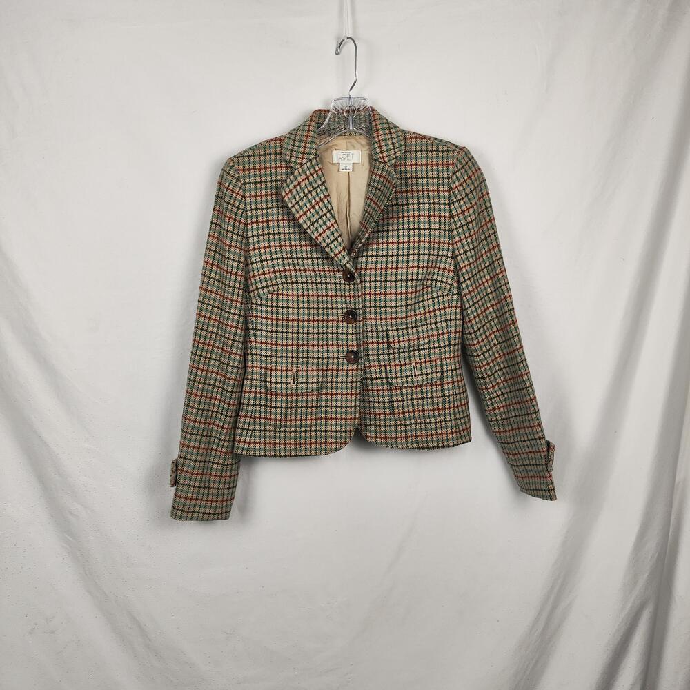 Ann Taylor LOFT Blazer Womens 0P Beige Plaid Tweed Petite Three Button Jacket